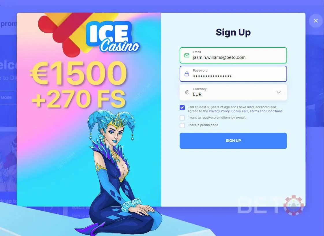 Seleziona il tuo bonus di benvenuto quando ti iscrivi ad Ice.